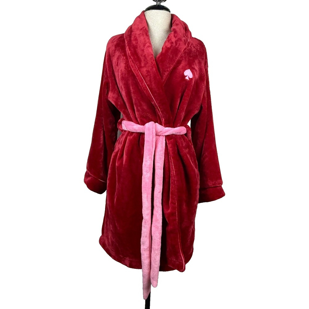 Kate Spade Robe Women L/XL Red Pink Plush Fleece Logo Belt Lounge Cozy Soft Warm